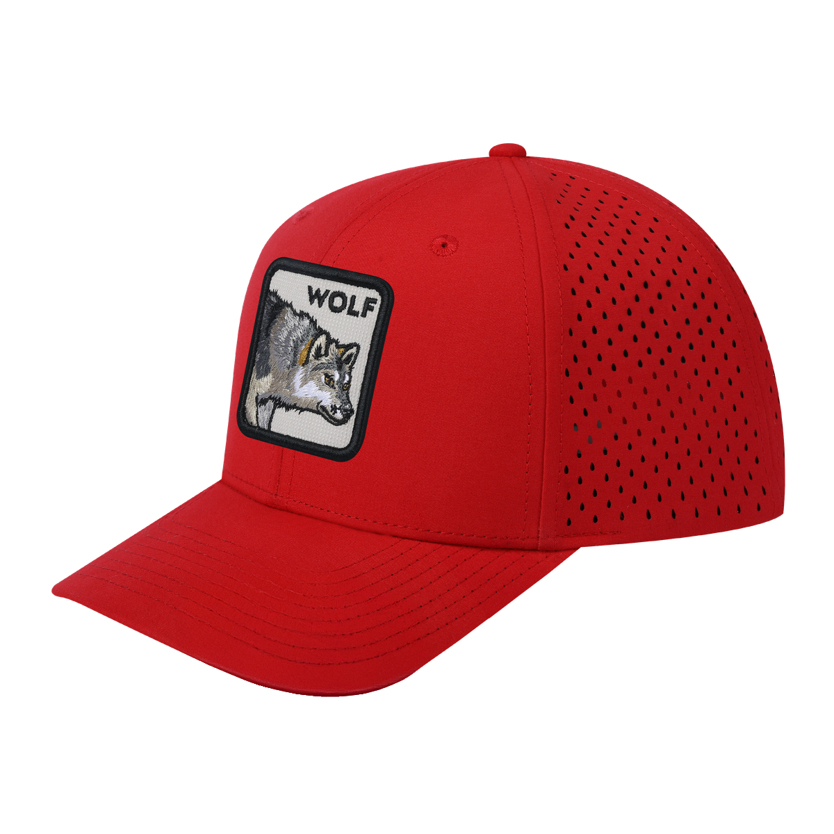 Wolf 6-Panel Microfiber Laser Hole Trucker Hat with Red front and Red back