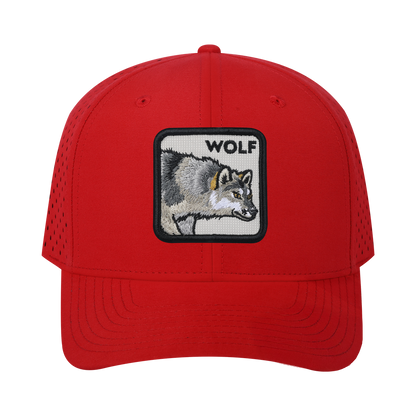 Wolf 6-Panel Microfiber Laser Hole Trucker Hat with Red front and Red back