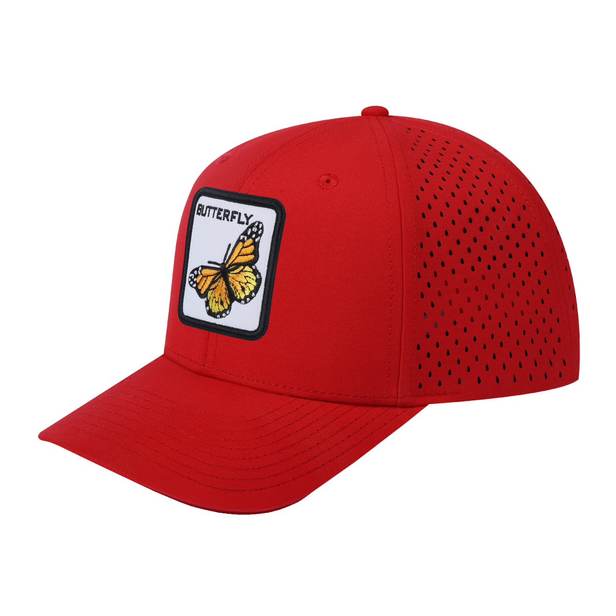 Butterfly 6-Panel Microfiber Laser Hole Trucker Hat with Red front and Red back