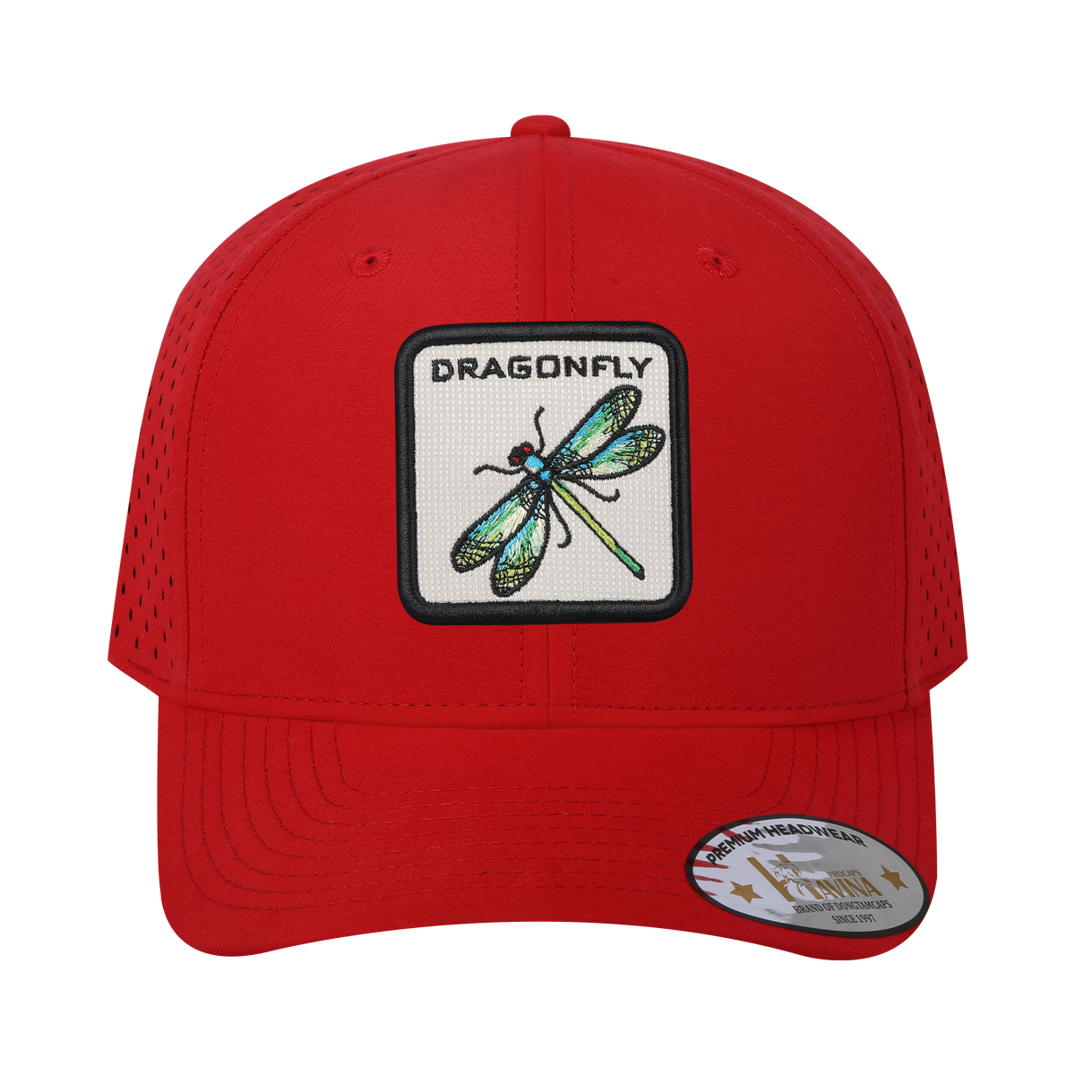 Dragonfly 6-Panel Microfiber Laser Hole Trucker Hat with Red front and Red back