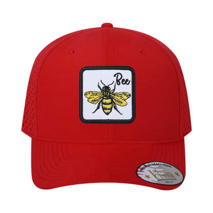 Bee 6-Panel Microfiber Laser Hole Trucker Hat with Red front and Red back