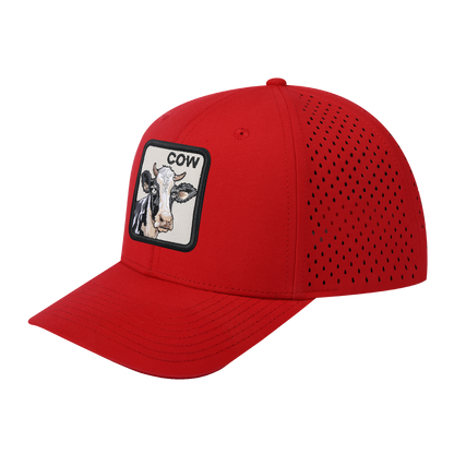 Cow 6-Panel Microfiber Laser Hole Trucker Hat with Red front and Red back