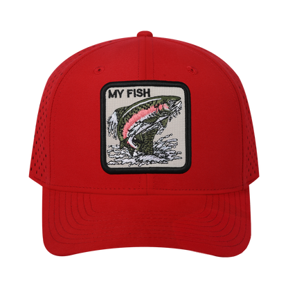 My Fish 6-Panel Microfiber Laser Hole Trucker Hat with Red front and Red back
