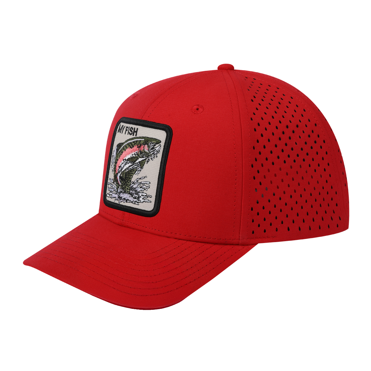 My Fish 6-Panel Microfiber Laser Hole Trucker Hat with Red front and Red back