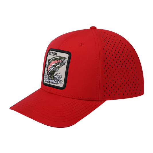 My Fish 6-Panel Microfiber Laser Hole Trucker Hat with Red front and Red back