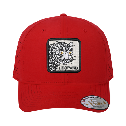 Leopard 6-Panel Microfiber Laser Hole Trucker Hat with Red front and Red back