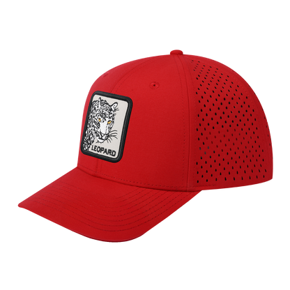 Leopard 6-Panel Microfiber Laser Hole Trucker Hat with Red front and Red back
