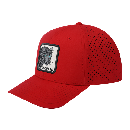 Leopard V2 6-Panel Microfiber Laser Hole Trucker Hat with Red front and Red back