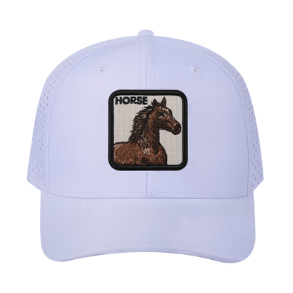 Horse 6-Panel Microfiber Laser Hole Trucker Hat with White front and White back