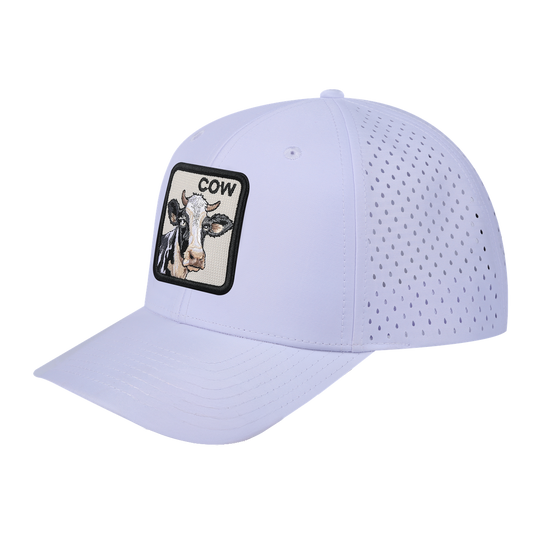 Cow 6-Panel Microfiber Laser Hole Trucker Hat with White front and White back