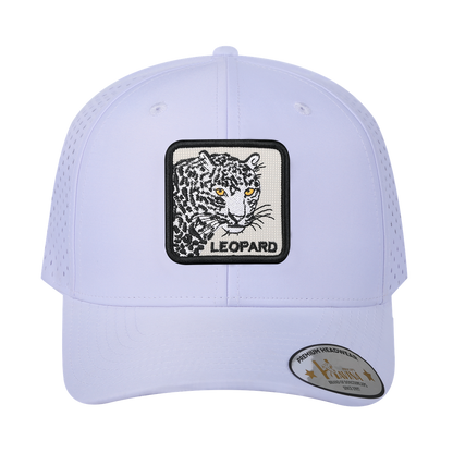 Leopard 6-Panel Microfiber Laser Hole Trucker Hat with White front and White back