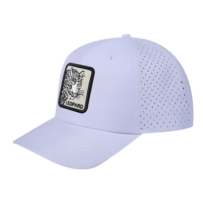 Leopard 6-Panel Microfiber Laser Hole Trucker Hat with White front and White back