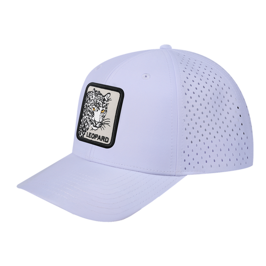 Leopard 6-Panel Microfiber Laser Hole Trucker Hat with White front and White back