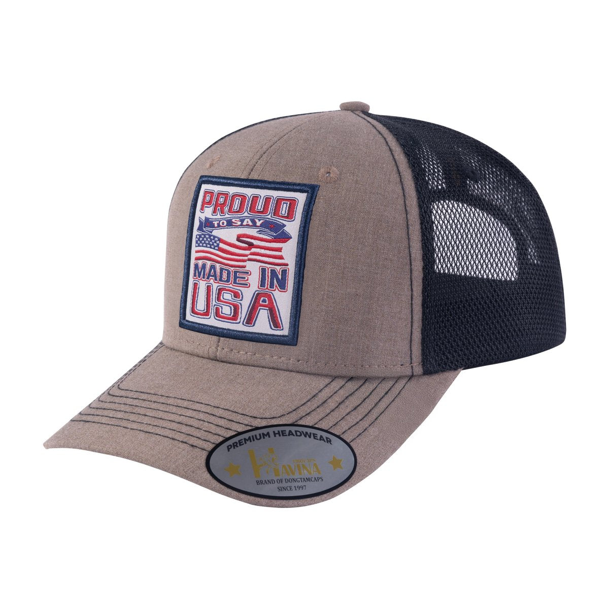 Proud to Say Made in US 6-Panel Trucker Hat with Light Brown front and Black back