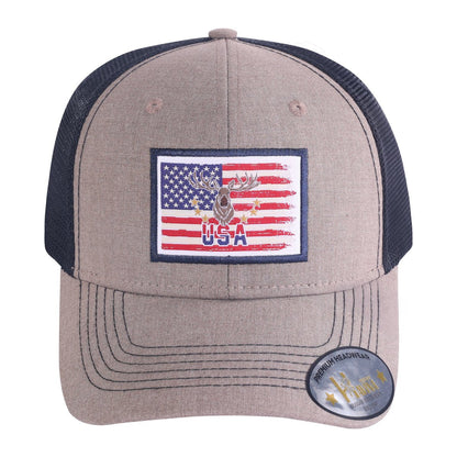 USA Deer Hunter 6-Panel Trucker Hat with Light Brown front and Black back