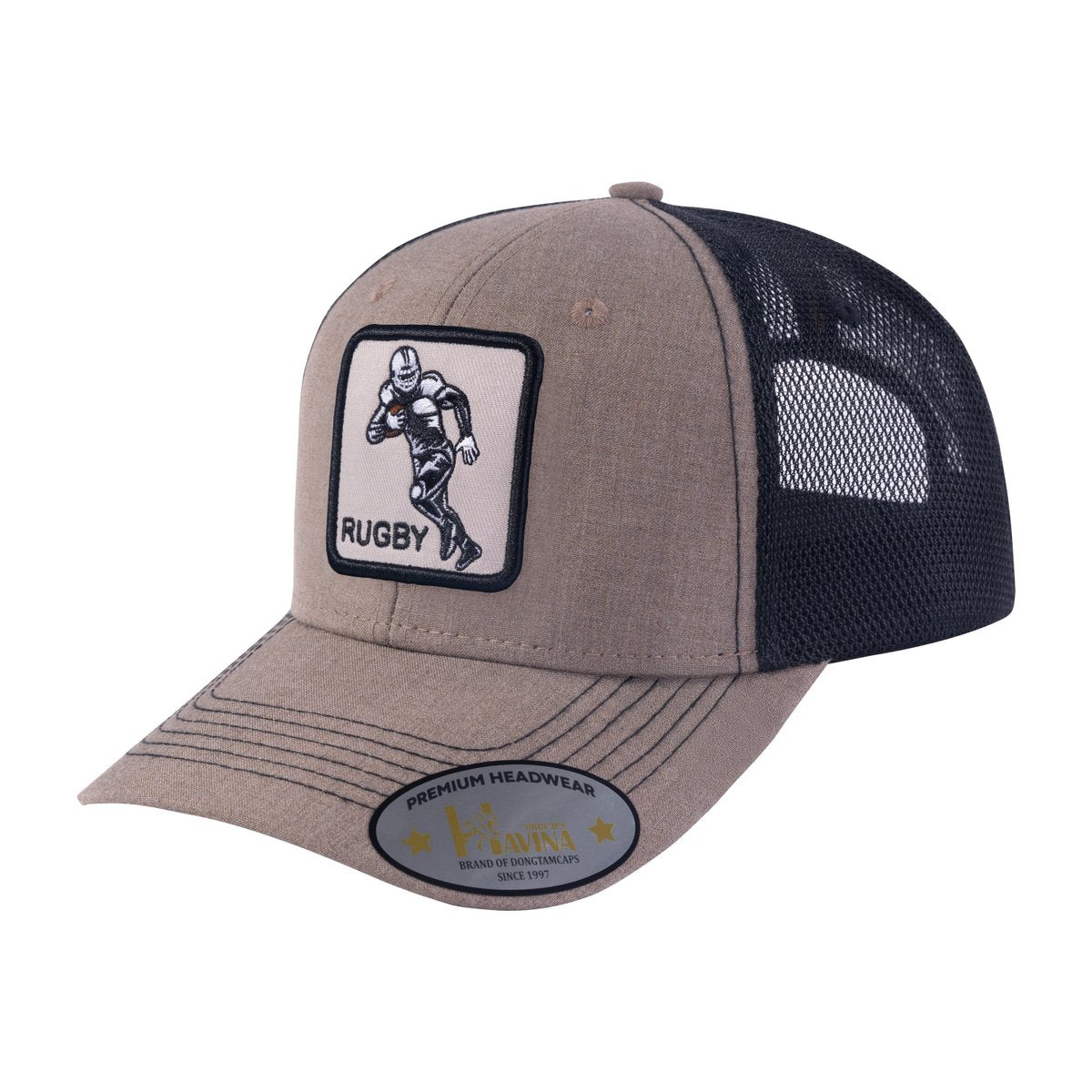 Rugby/Football 6-Panel Trucker Hat with Light Brown front and Black back