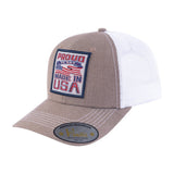 Proud to Say Made in US 6-Panel Trucker Hat with Light Brown front and White back