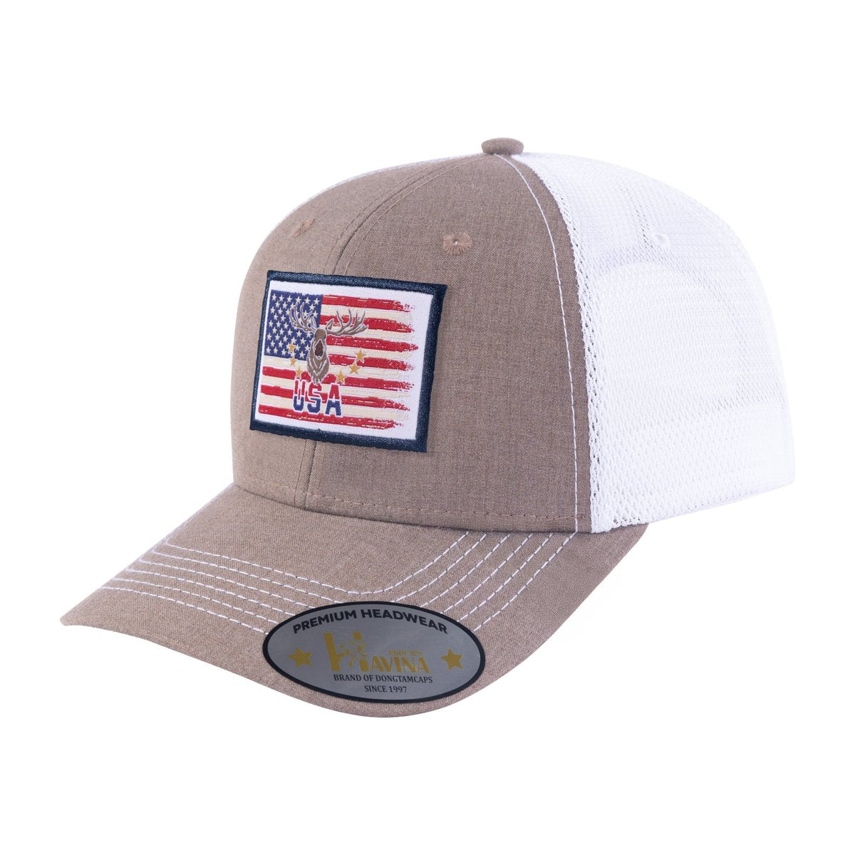 US Deer Hunter 6-Panel Trucker Hat with Light Brown front and White back