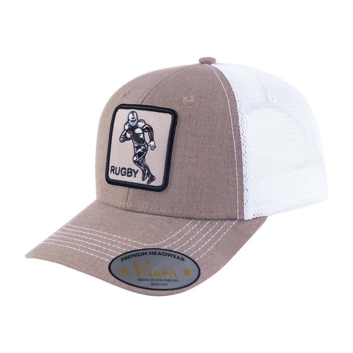 Rugby/Football 6-Panel Trucker Hat with Light Brown front and White back