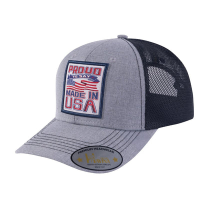 Proud to Say Made in US 6-Panel Trucker Hat with Light Grey front and Black back