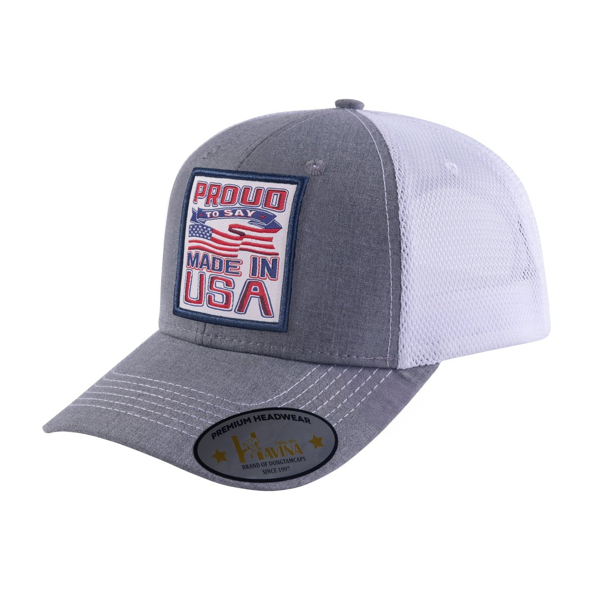 Proud to Say Made in US 6-Panel Trucker Hat with Light Grey front and White back