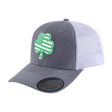 St. Patrick's Day Four Leaf Shamrock 6-Panel Trucker Hat with Light Grey front and White back