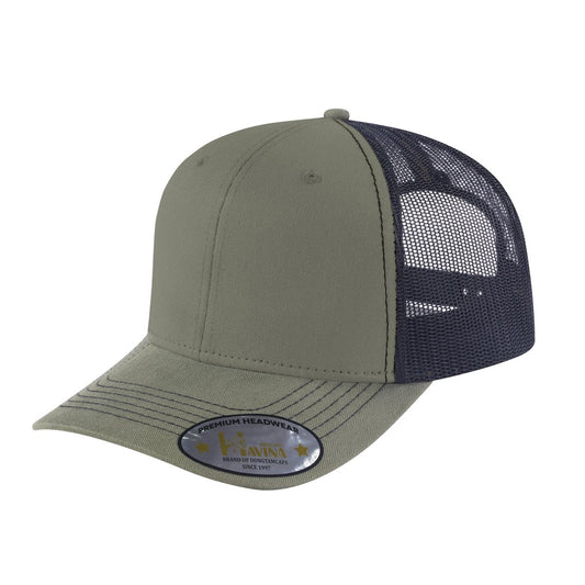 Blank 6-Panel Trucker Hat with Olive front and Black back
