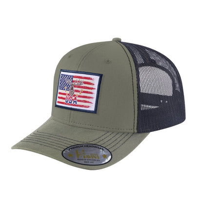 USA Deer Hunter 6-Panel Trucker Hat with Olive front and Black back