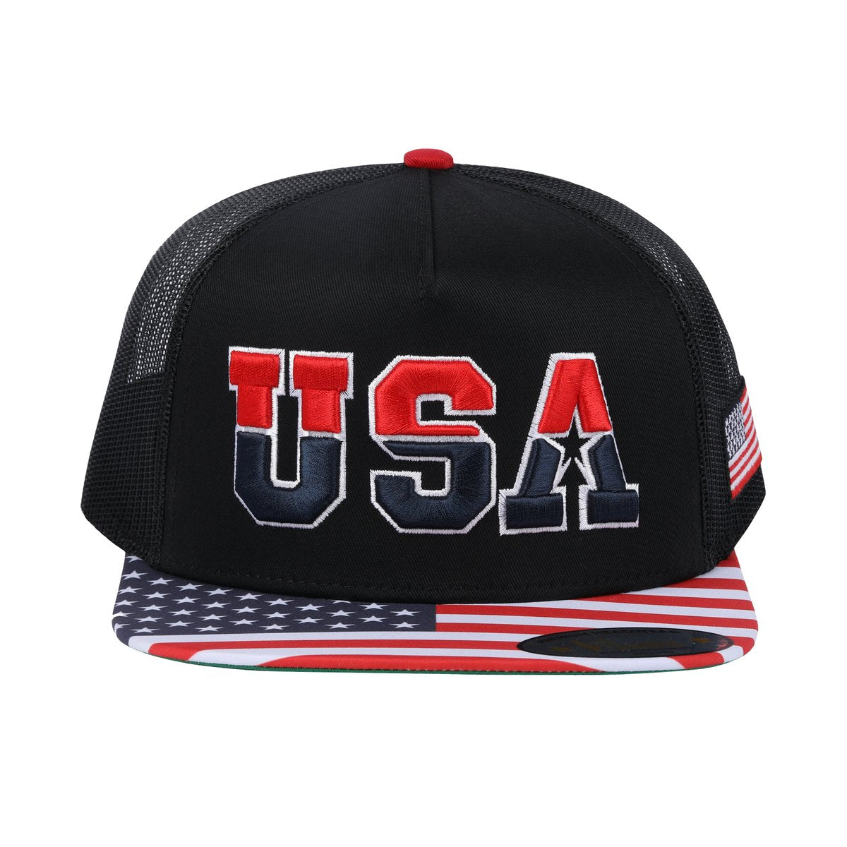 Classic US American Flag 5-Panel Snap Trucker Hat with Black front and Black back