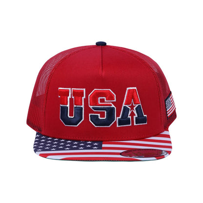 Classic US American Flag 5-Panel Snap Trucker Hat with Red front and Red back