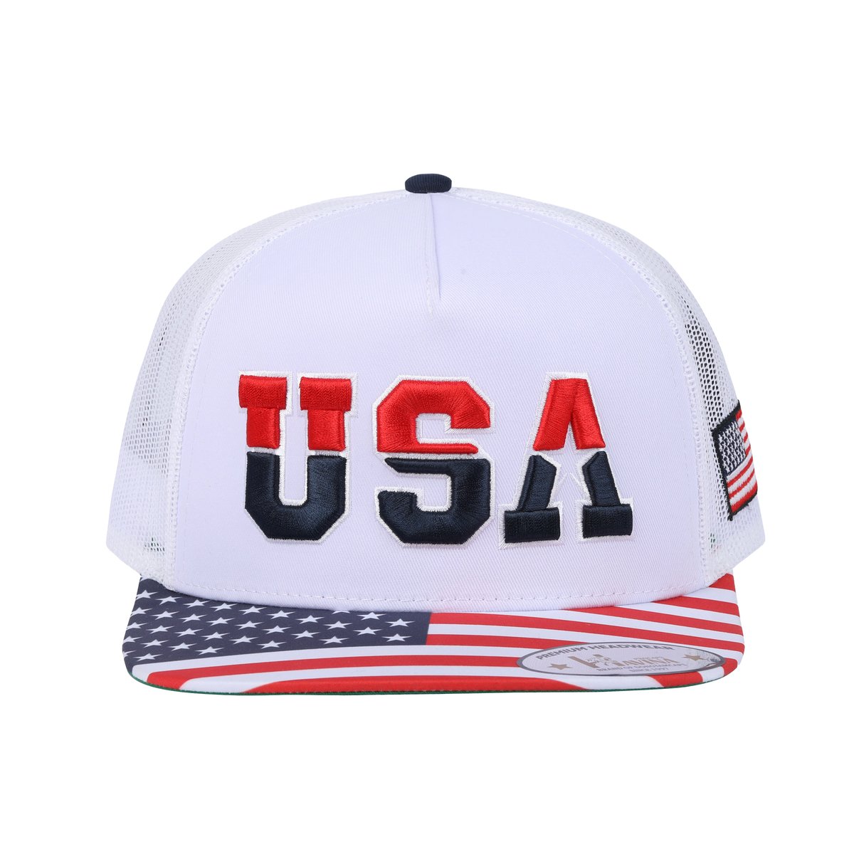 Classic US American Flag 5-Panel Snap Trucker Hat with White front and White back